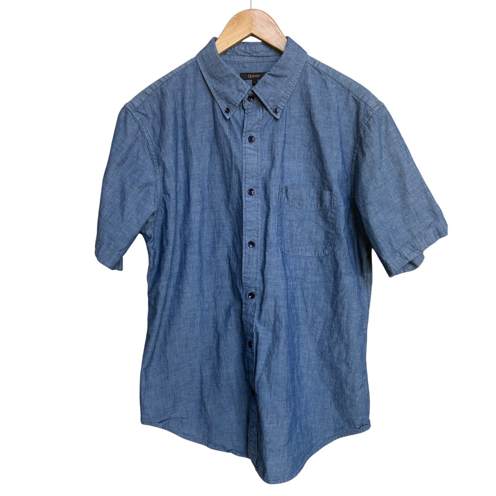 Quince Short Sleeve Button Down Shirt Blue Organic Cotton Chambray Mens Large